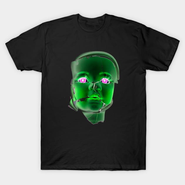 Freaky Halloween Broken Doll Zombie Face Green T-Shirt by Squeeb Creative